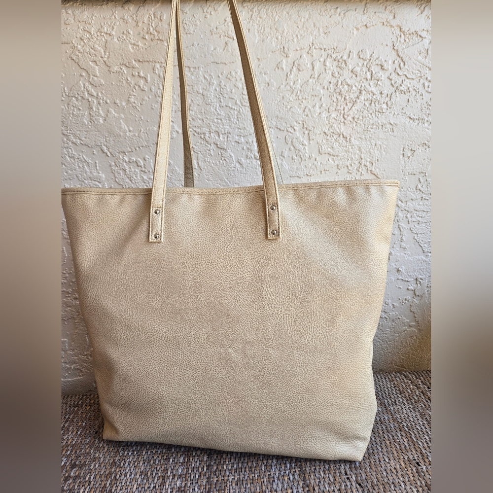 Calvin Klein Cream Faux Leather Tote Shoulder Bag Large Minimalist Work Bag - Picture 3 of 7